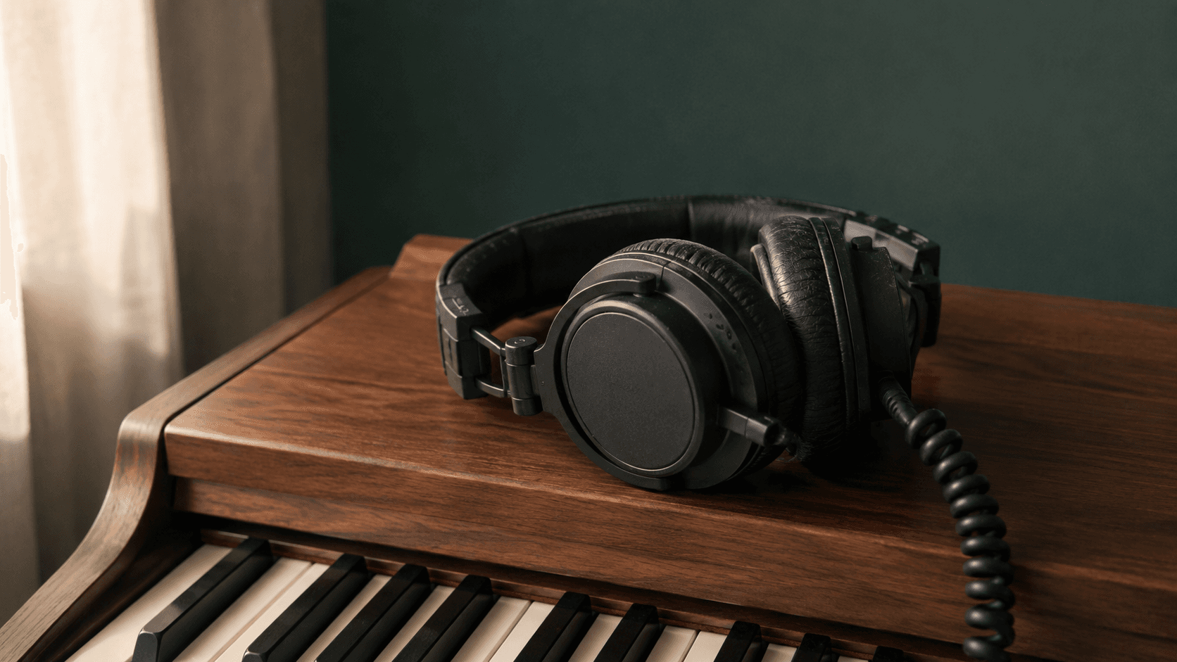 Black studio headphones resting on a walnut piano in soft window light